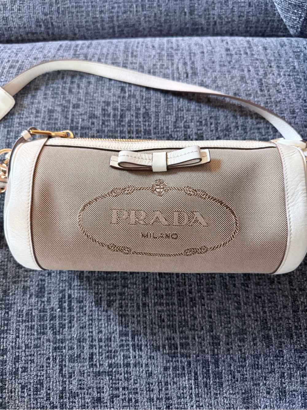 (Authentic) PRADA Beige Canvas and Leather Shoulder Bag pillow bag